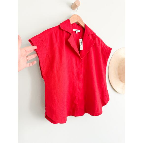 Madewell | NWT Resort-Collar Shirt in 100% Linen in Festival Red | Sz S - Picture 3 of 8